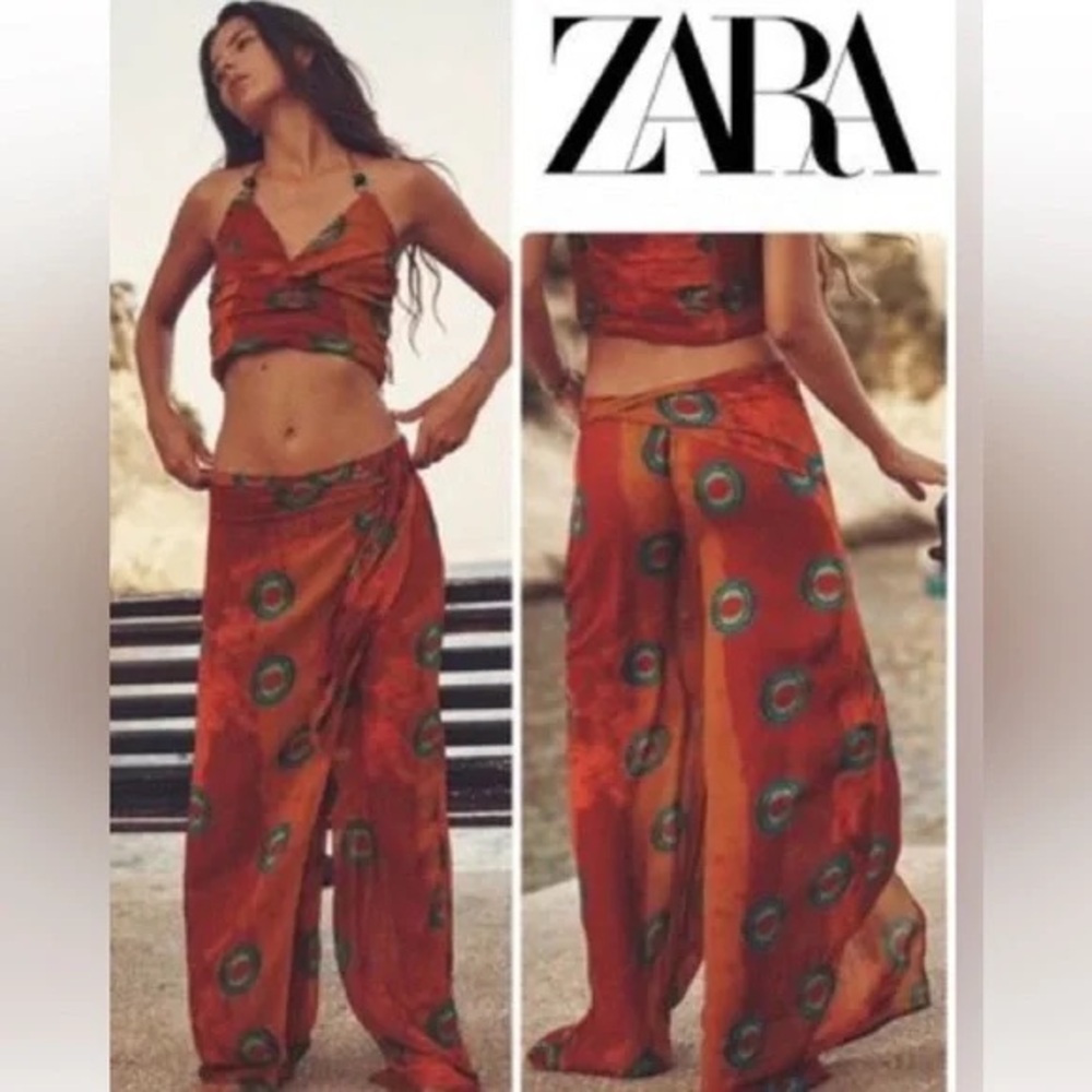 Zara NWT Pareo Wrap Chiffon Sarong Flowing Wide-Leg Pants Orange Turquoise Large